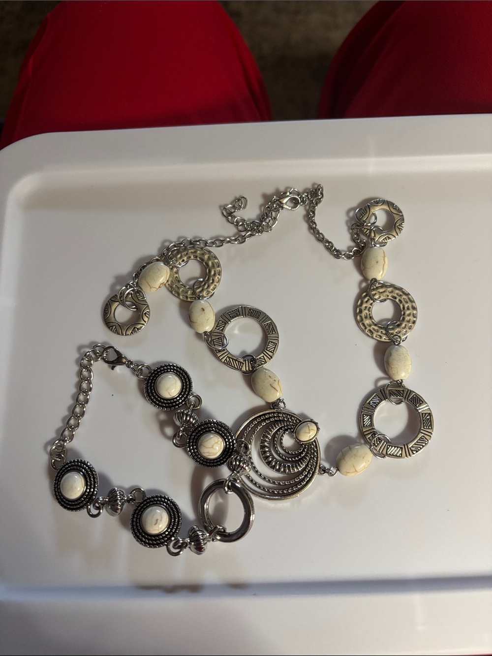 Silver-Tone White Stone Link Necklace and Bracelet Set